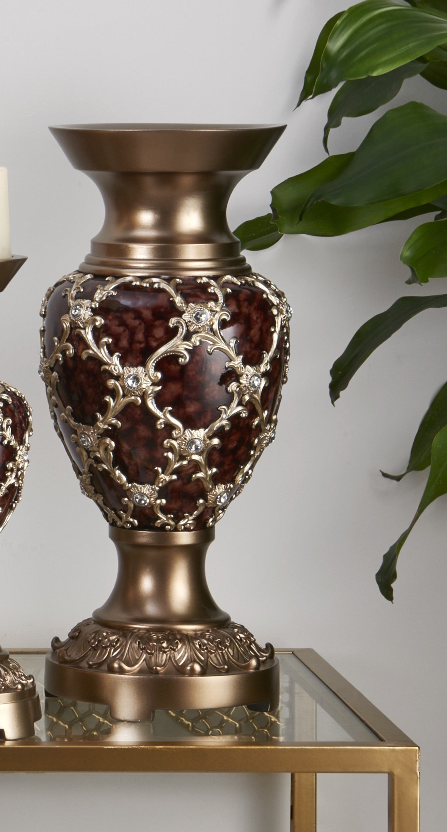 17" Brown and Gold Damask Urn Vase