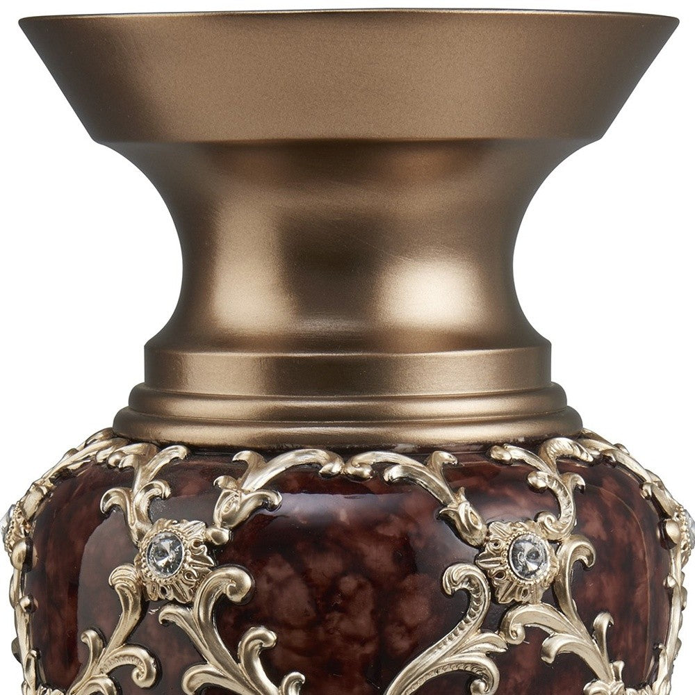 17" Brown and Gold Damask Urn Vase