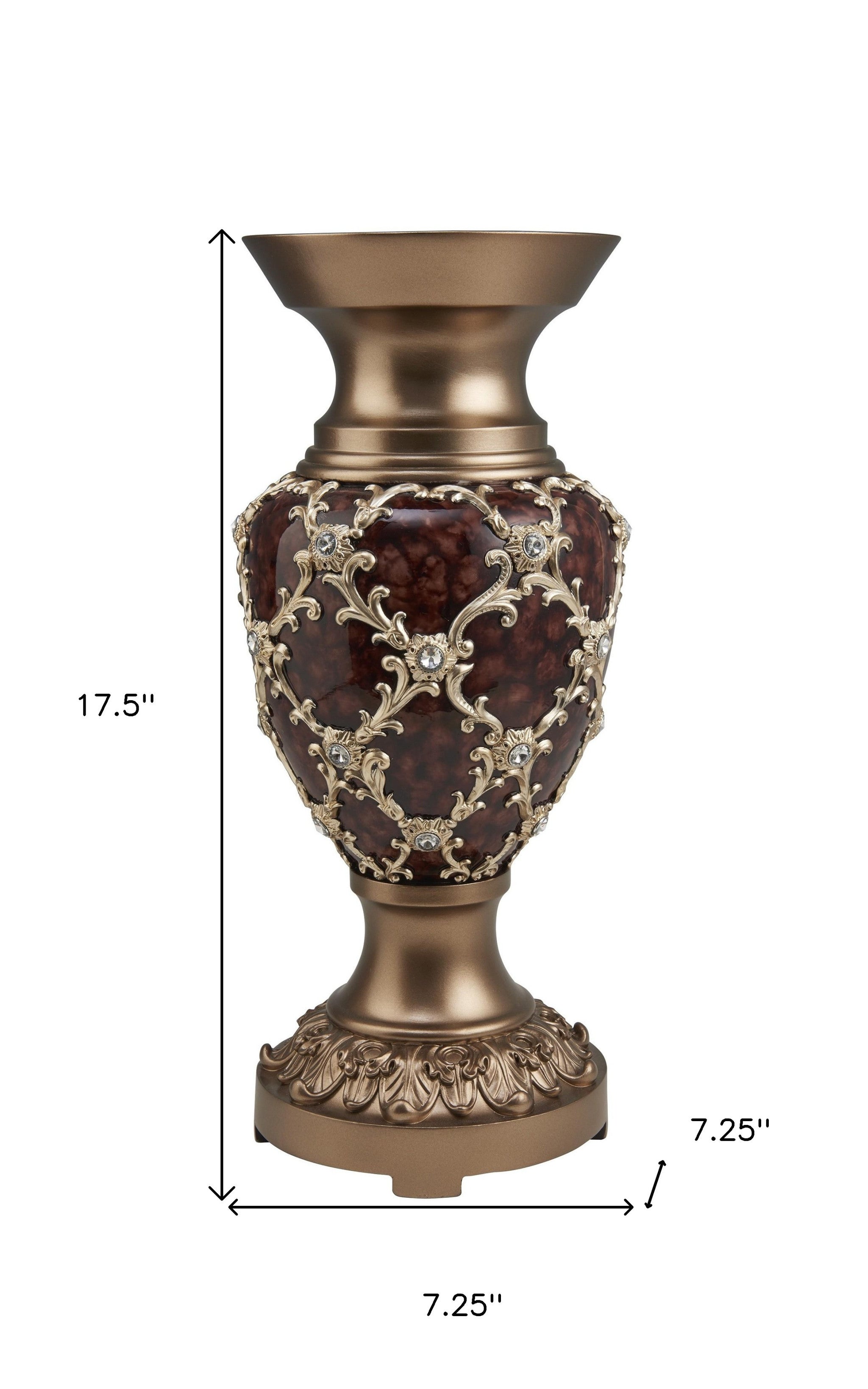 17" Brown and Gold Damask Urn Vase