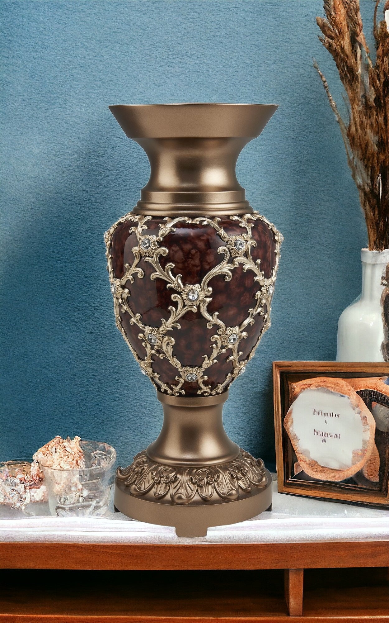 17" Brown and Gold Damask Urn Vase