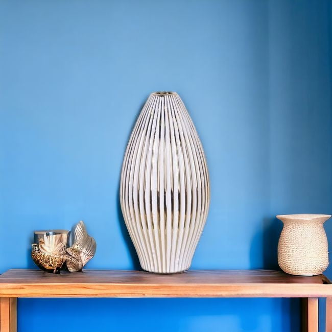 14" White and Gold Stripped Bud Vase