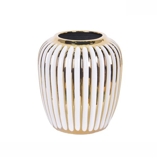 6" White and Gold Stripped Deco Vase