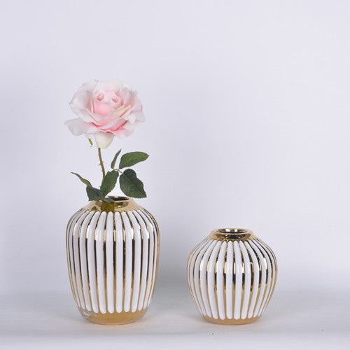 6" White and Gold Stripped Deco Vase