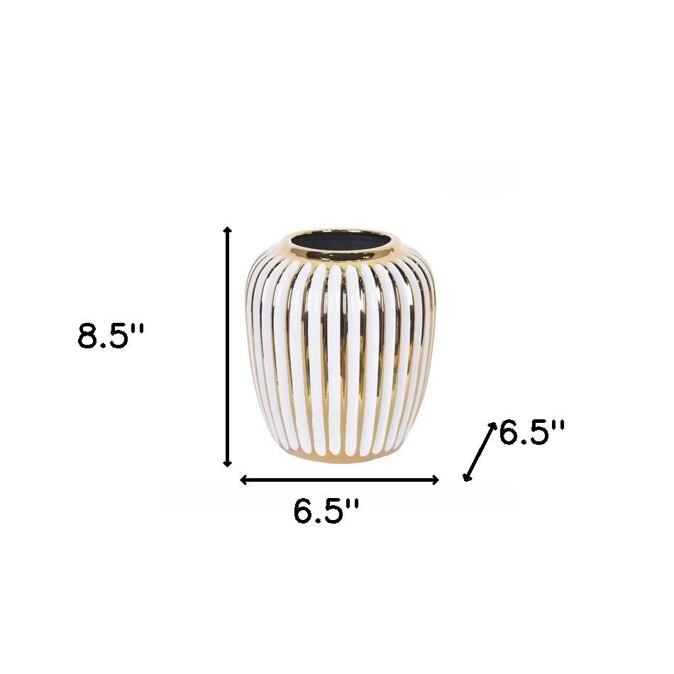 6" White and Gold Stripped Deco Vase