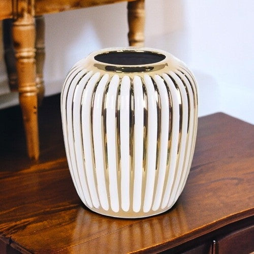 6" White and Gold Stripped Deco Vase