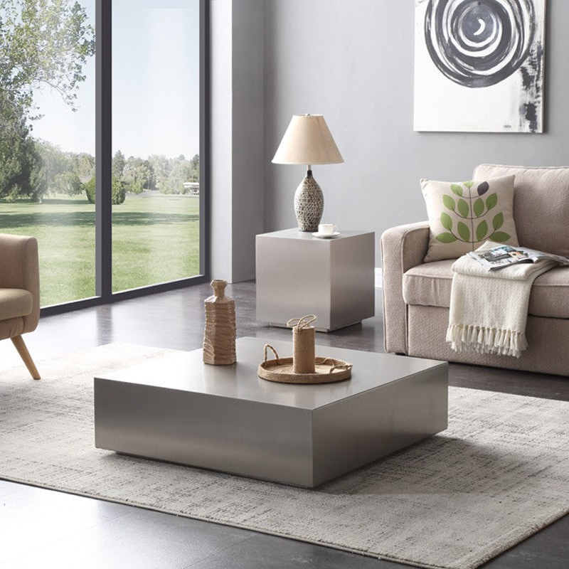 35" Brushed Silver Stainless Steel Square Coffee Table