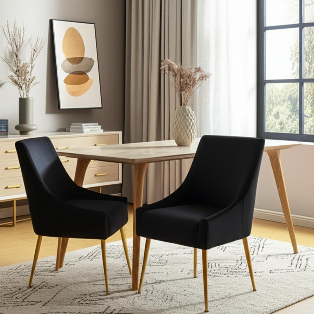 Set of Two 22" Black and Gold Velvet Dining Chairs