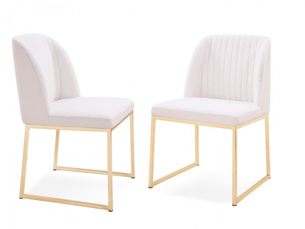 Set of Two 21" White and Gold Channel Tufted Dining Chairs