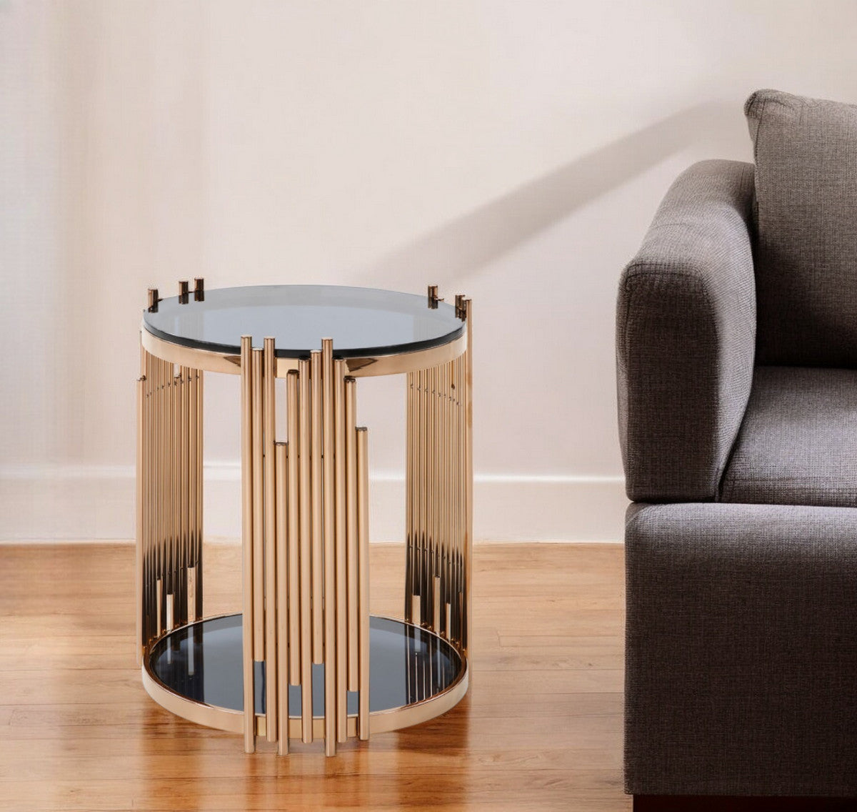 22" Gold and Smoked Glass Round End Table