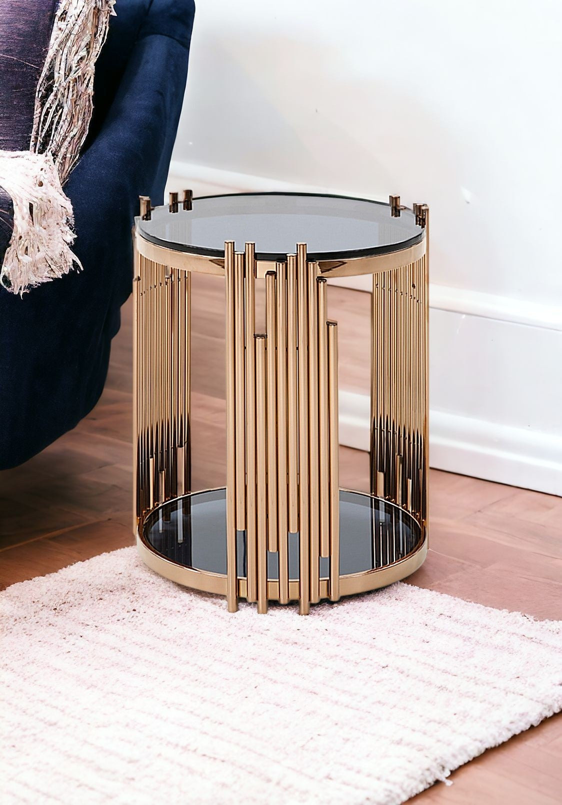 22" Gold and Smoked Glass Round End Table