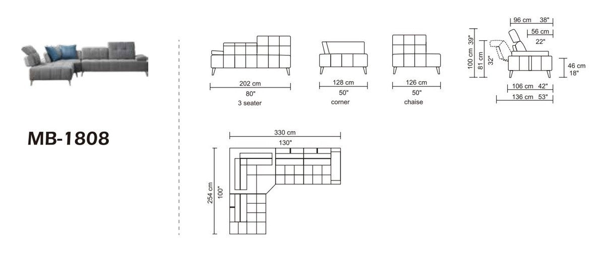 130" 3 Piece L-Shape Gray Modular Sofa