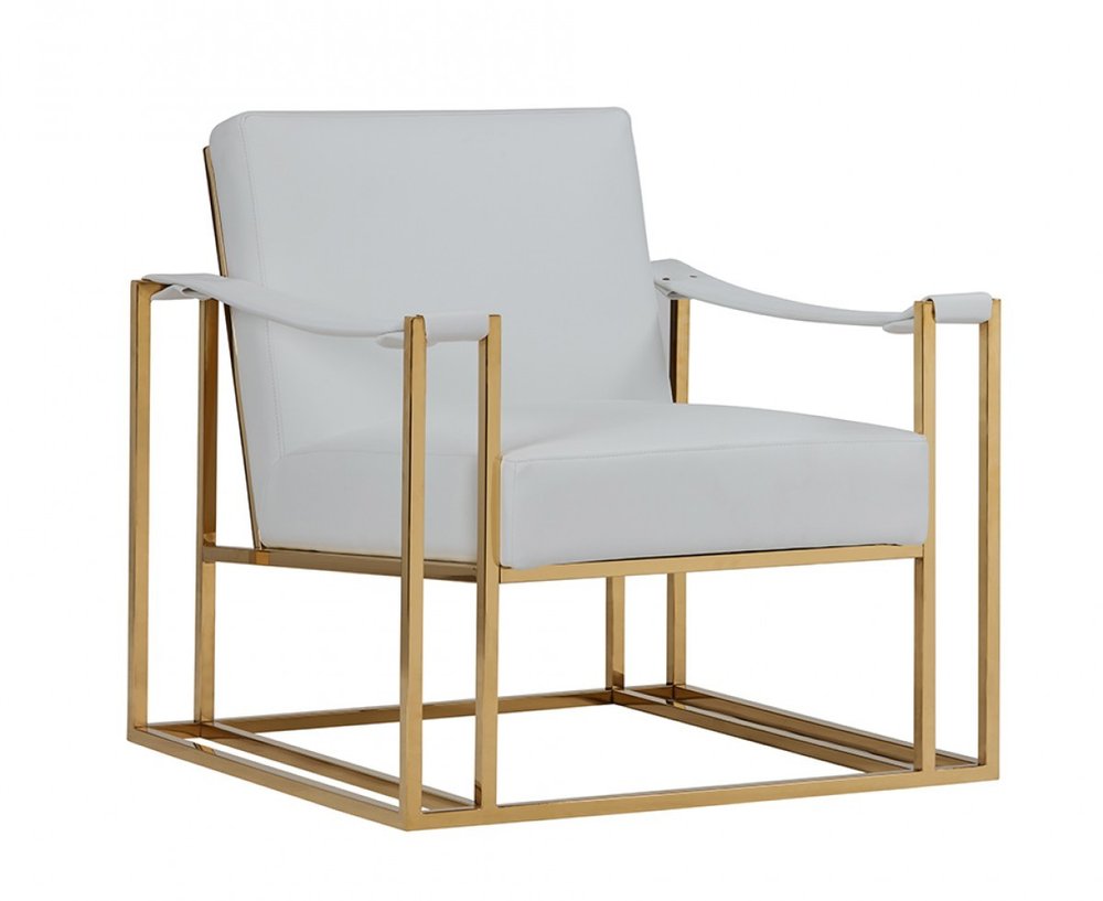 31" White and Gold Faux Leather Lounge Chair