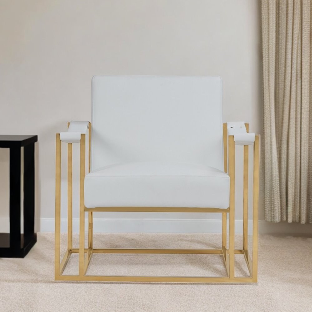31" White and Gold Faux Leather Lounge Chair