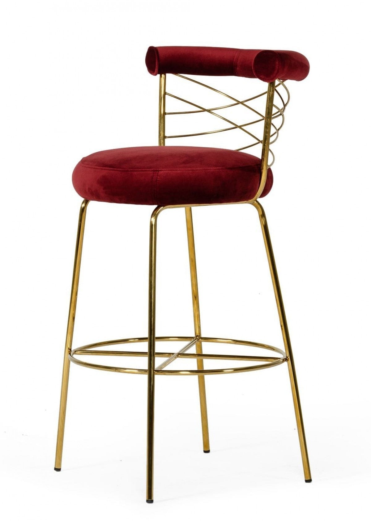 39" Red and Gold Curved Back Velvet Bar Chair