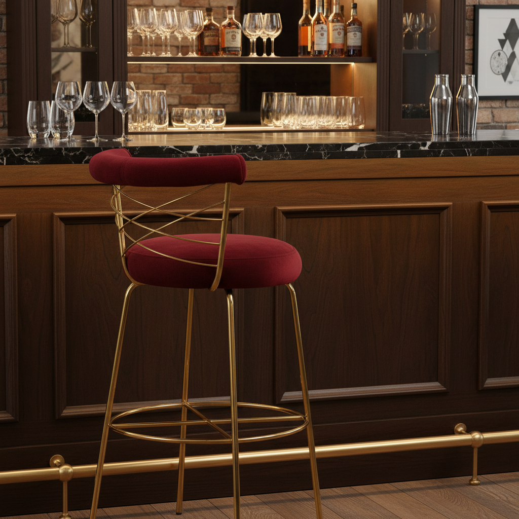 39" Red and Gold Curved Back Velvet Bar Chair