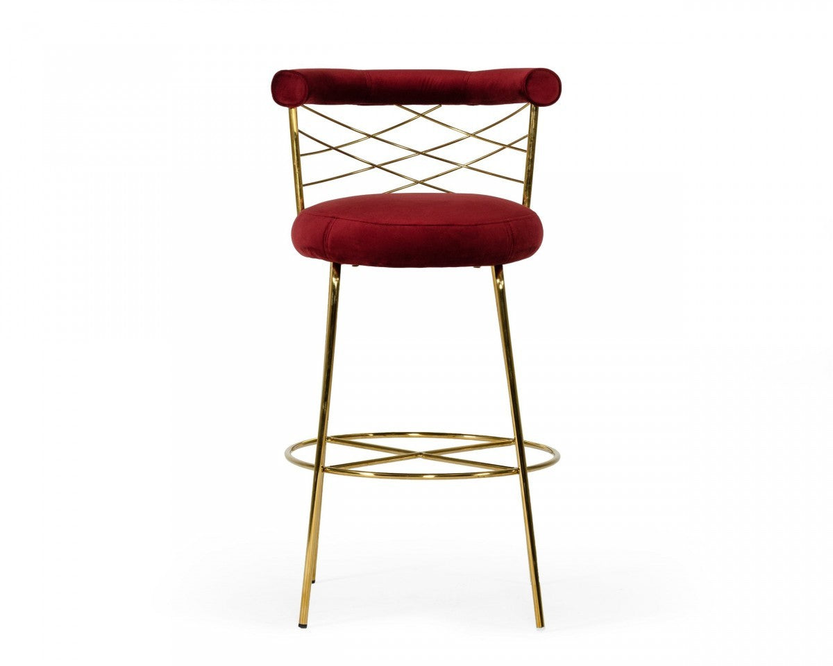 39" Red and Gold Curved Back Velvet Bar Chair