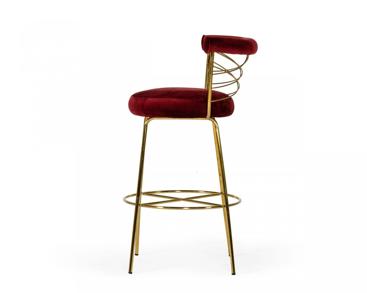 39" Red and Gold Curved Back Velvet Bar Chair