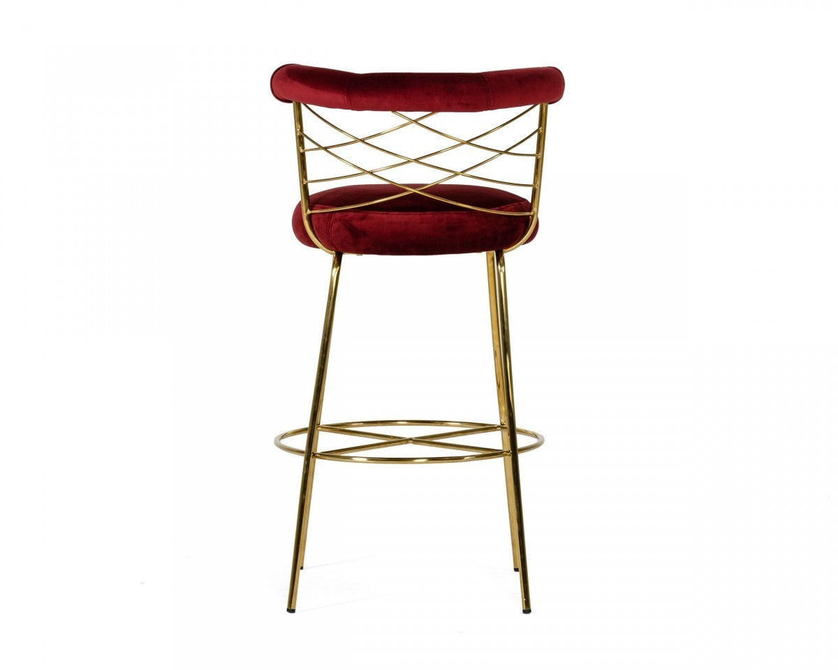 39" Red and Gold Curved Back Velvet Bar Chair