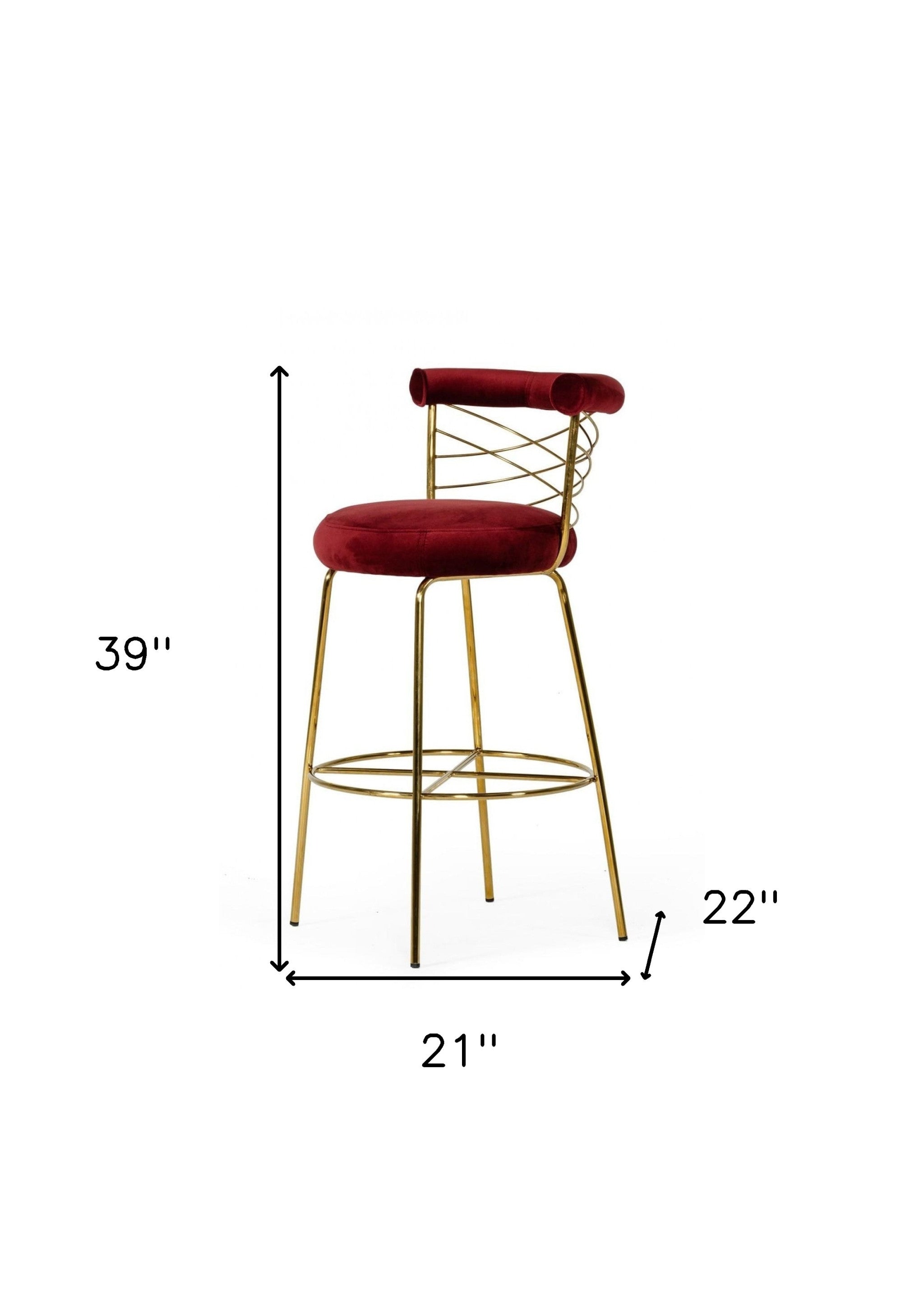 39" Red and Gold Curved Back Velvet Bar Chair