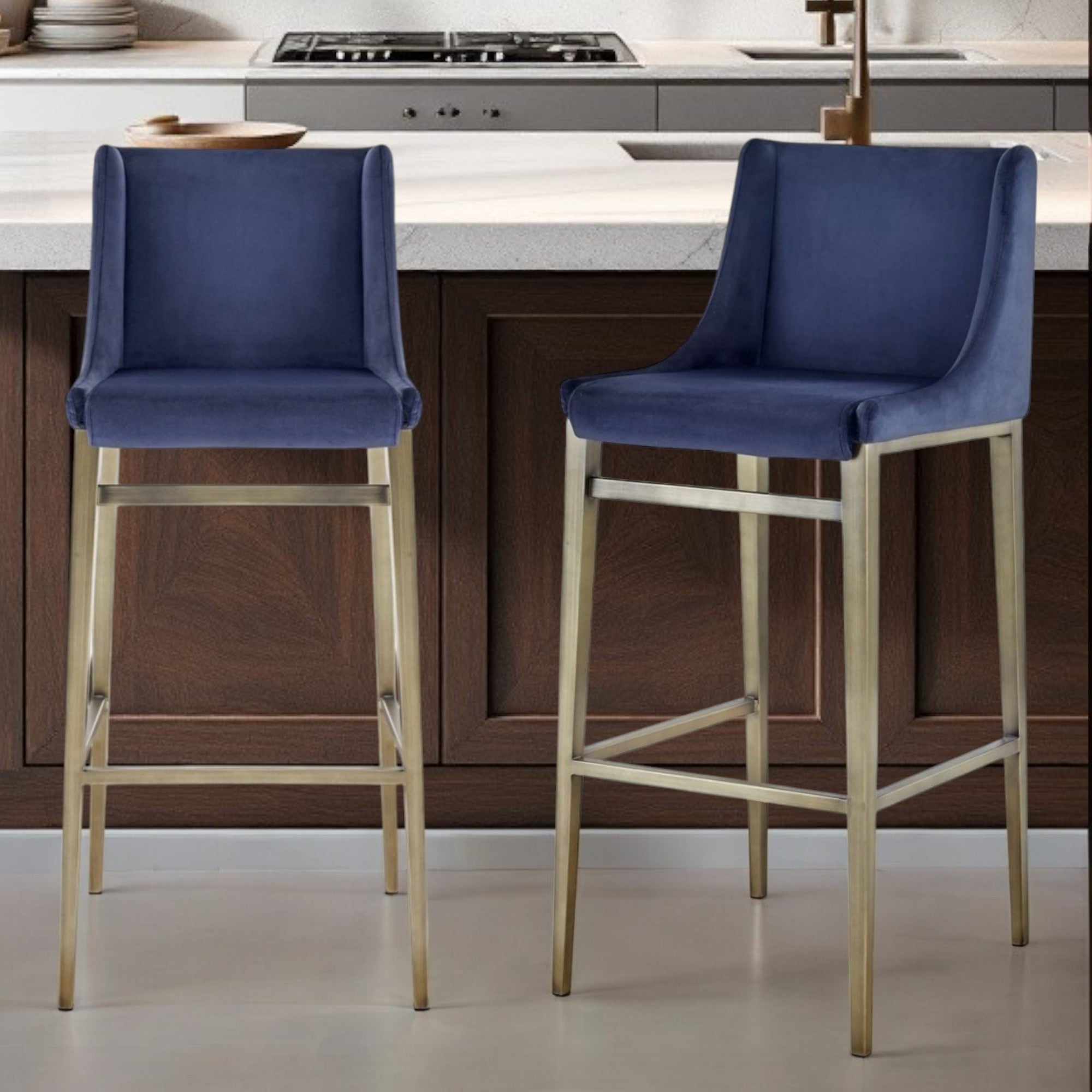 41" Set of Two Blue Velvet Deco Bar Chair