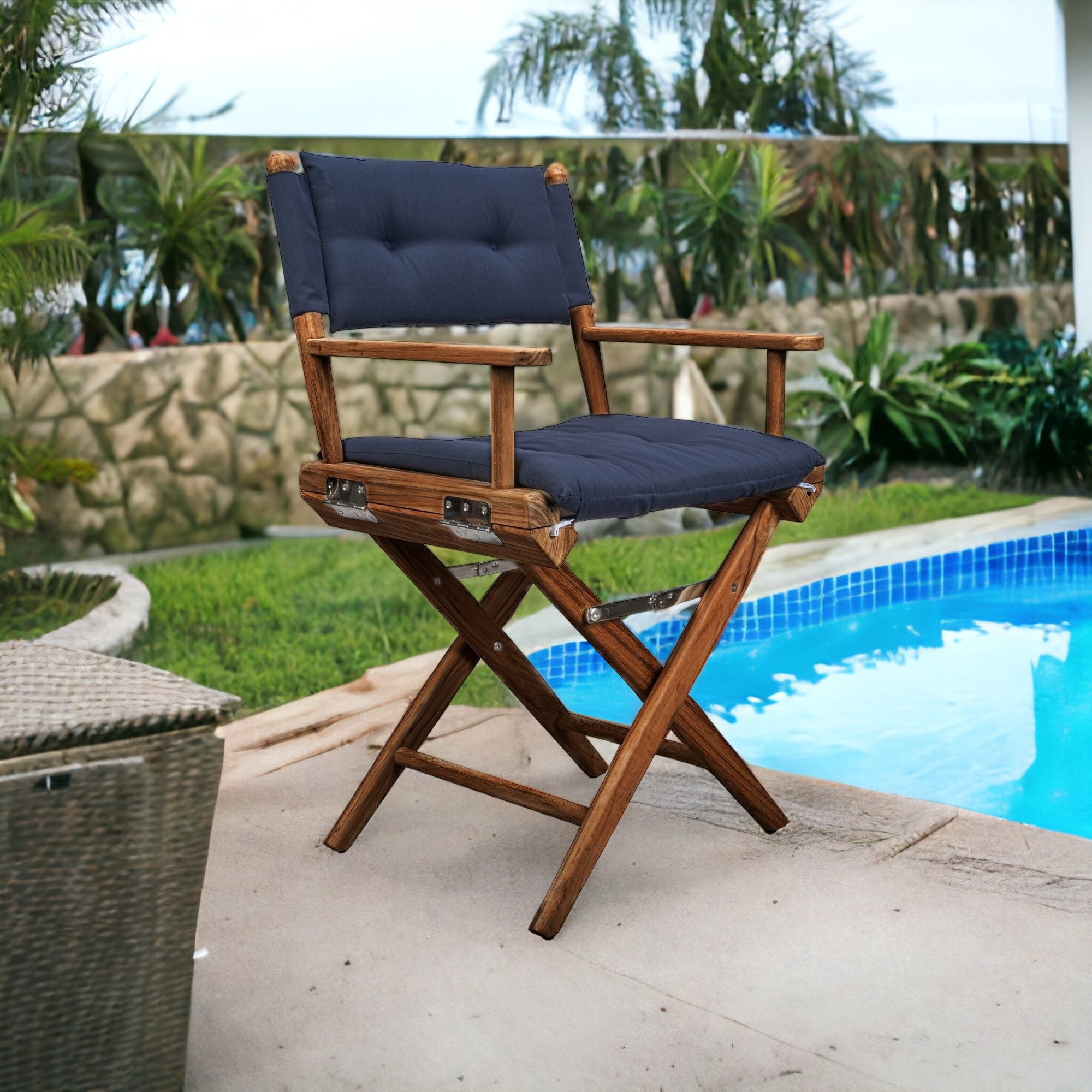 23" Navy Blue and Brown Outdoor Director Chair