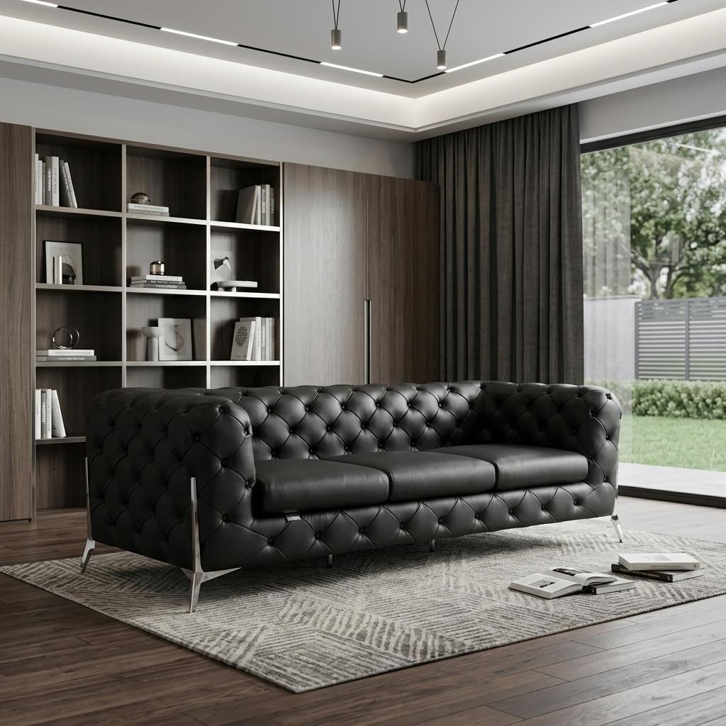 93" Modern Italian Leather Chesterfield Sofa