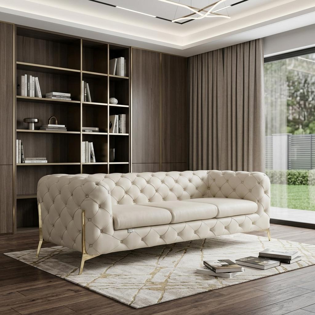 93" Modern Italian Leather Chesterfield Sofa