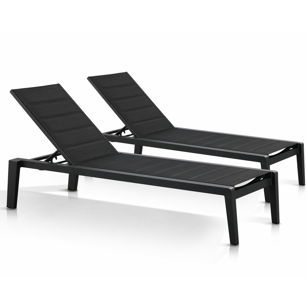 Set of Two Black Metal Outdoor Chaise Lounge Chairs