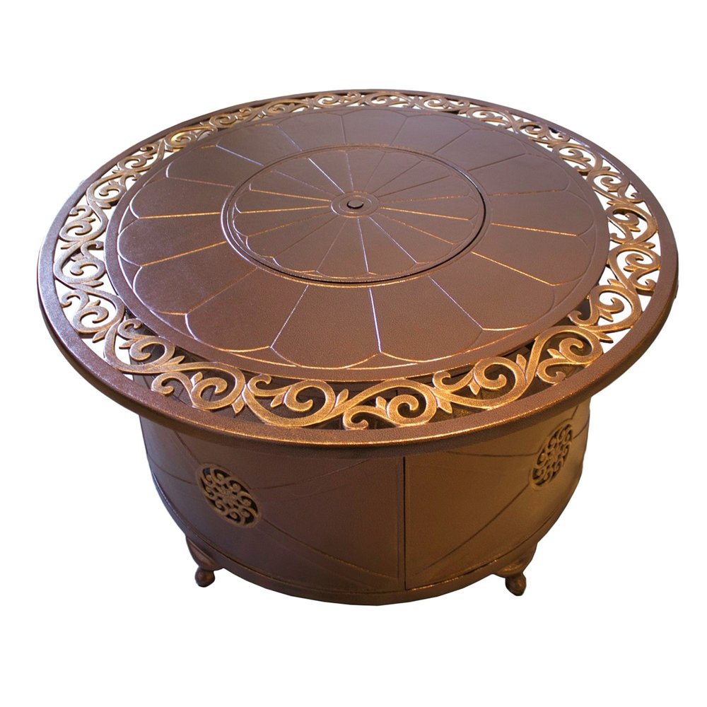 42000 BTU 48" Bronze Metal Carved Propane Round Fire Pit with Cover