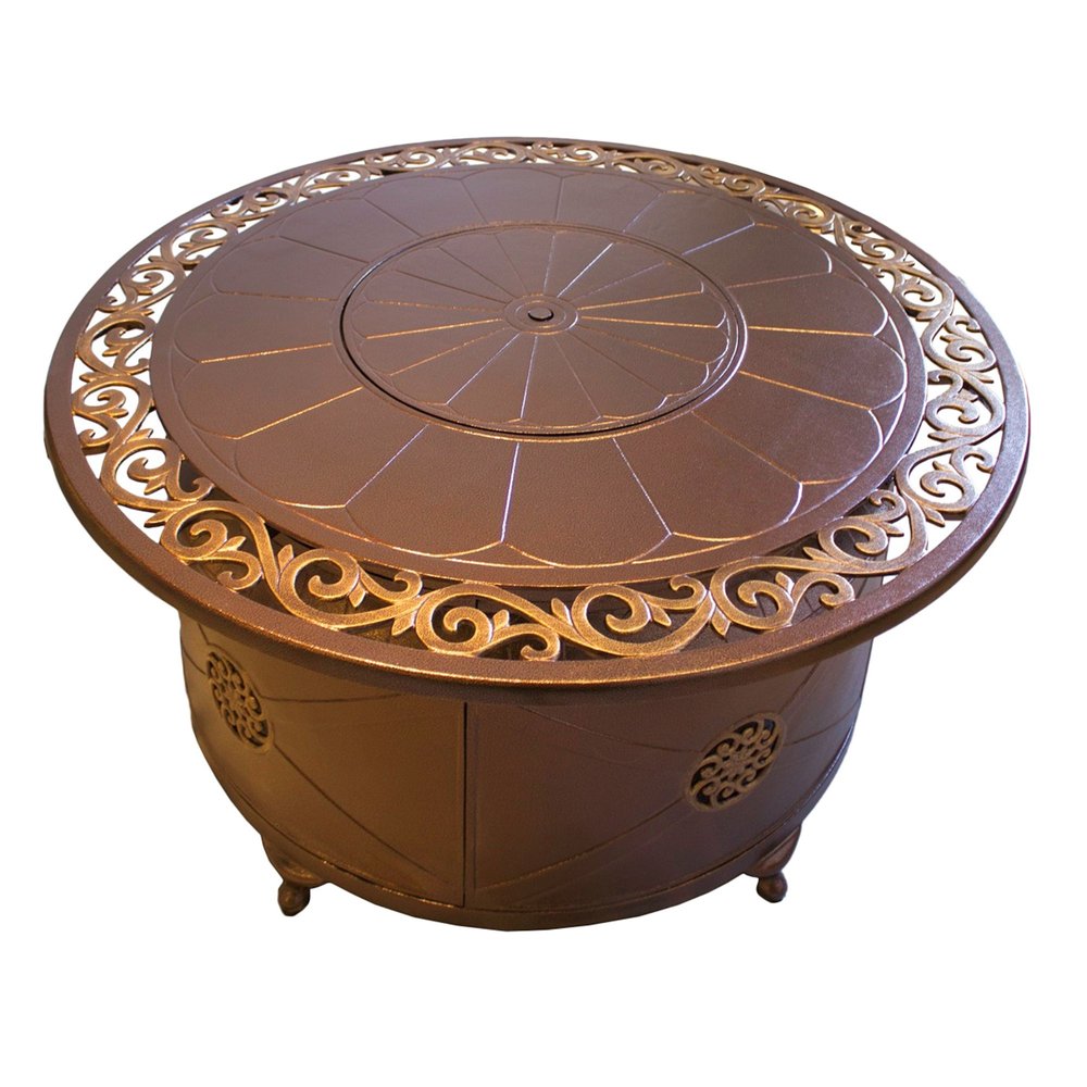 42000 BTU 48" Bronze Metal Carved Propane Round Fire Pit with Cover