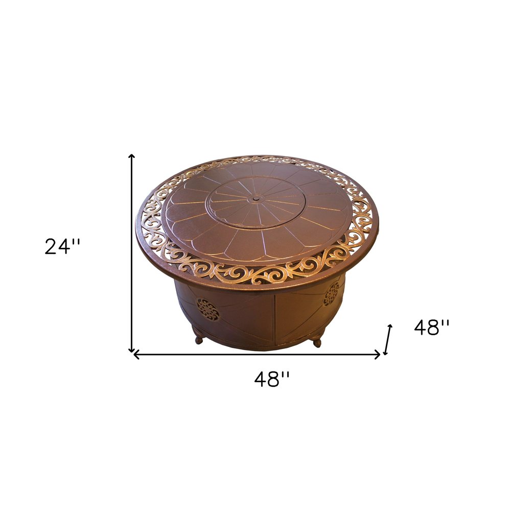 42000 BTU 48" Bronze Metal Carved Propane Round Fire Pit with Cover