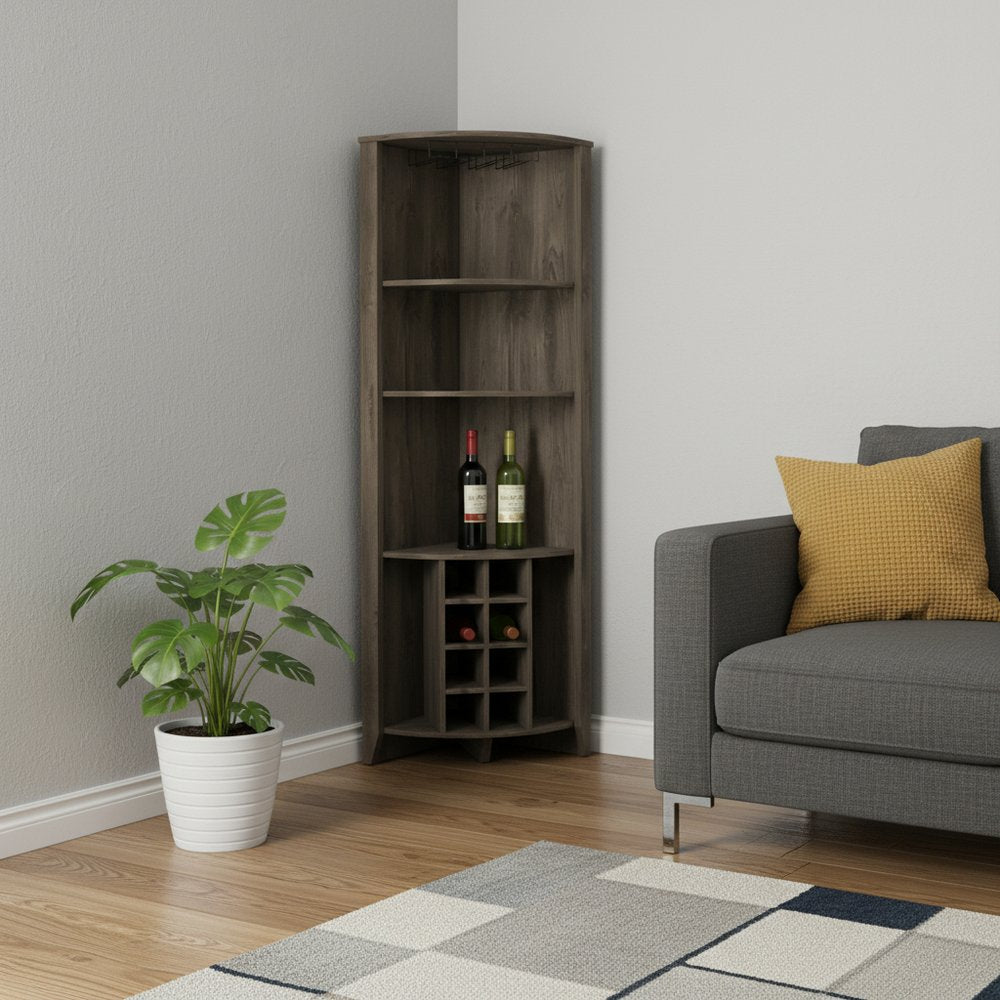 71" Dark Brown Wood Corner Bar Cabinet