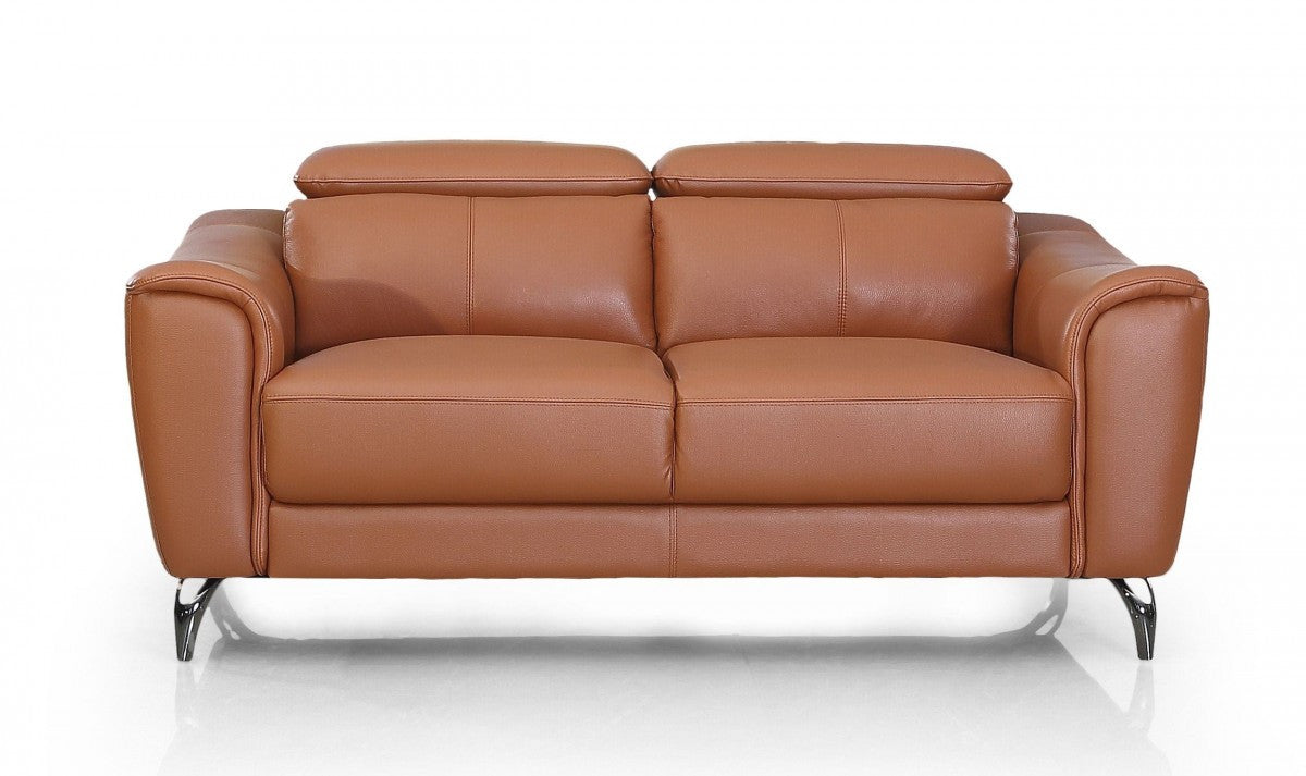 65" Brown Contemporary Leather Loveseat with Adjustable Headrest