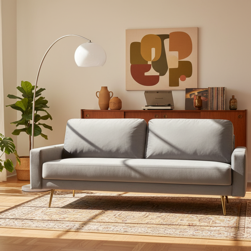 72" Gray Velvet Mid-Century Modern Sofa