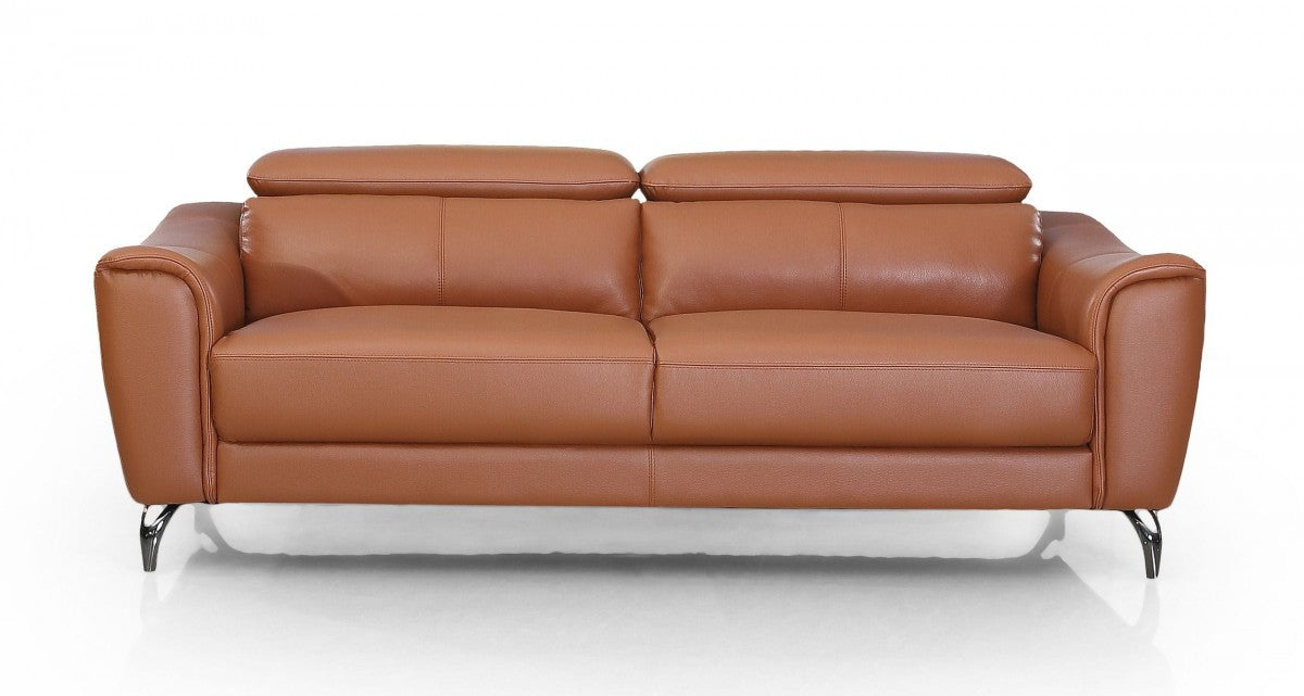 80" Brown Contemporary Leather Sofa with Adjustable Headrest