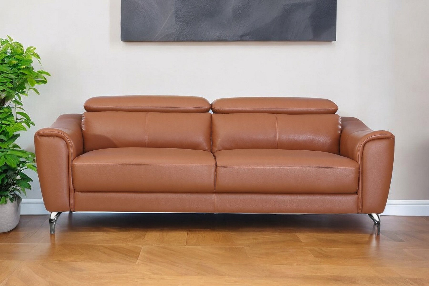 80" Brown Contemporary Leather Sofa with Adjustable Headrest