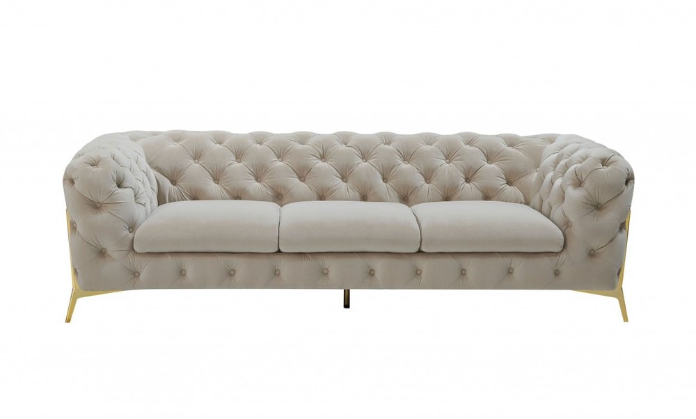 97" Beige Velvet Modern Chesterfield Sofa