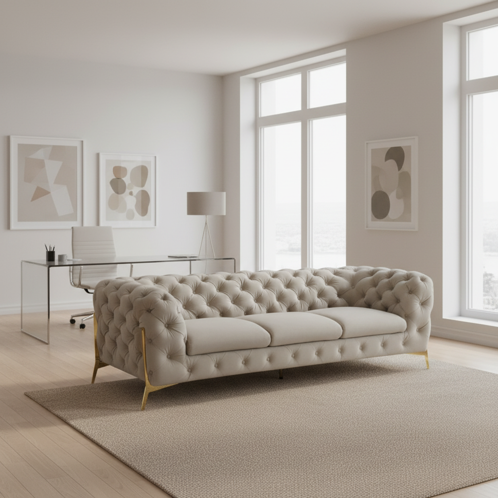 97" Beige Velvet Modern Chesterfield Sofa