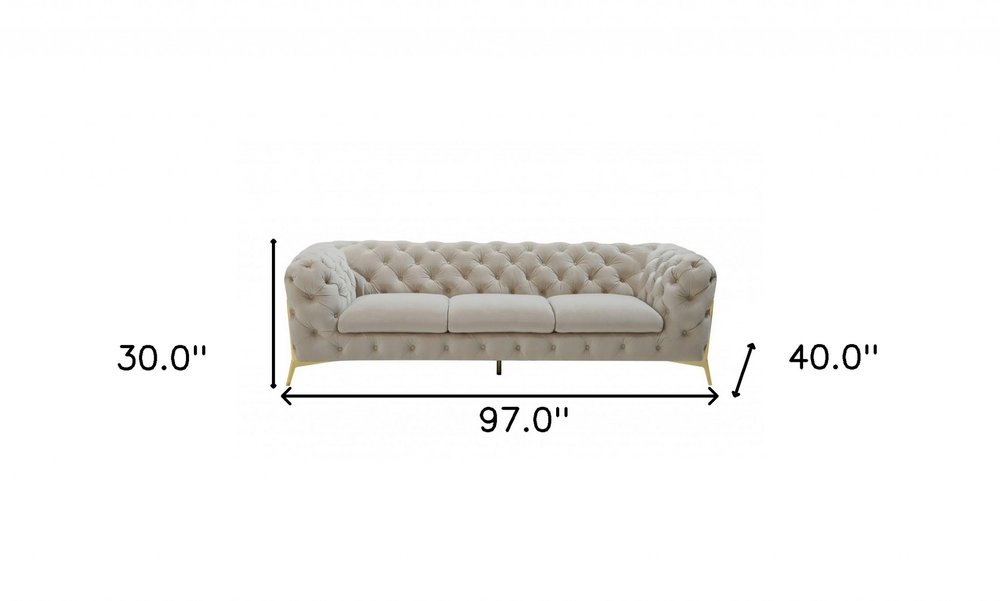 97" Beige Velvet Modern Chesterfield Sofa