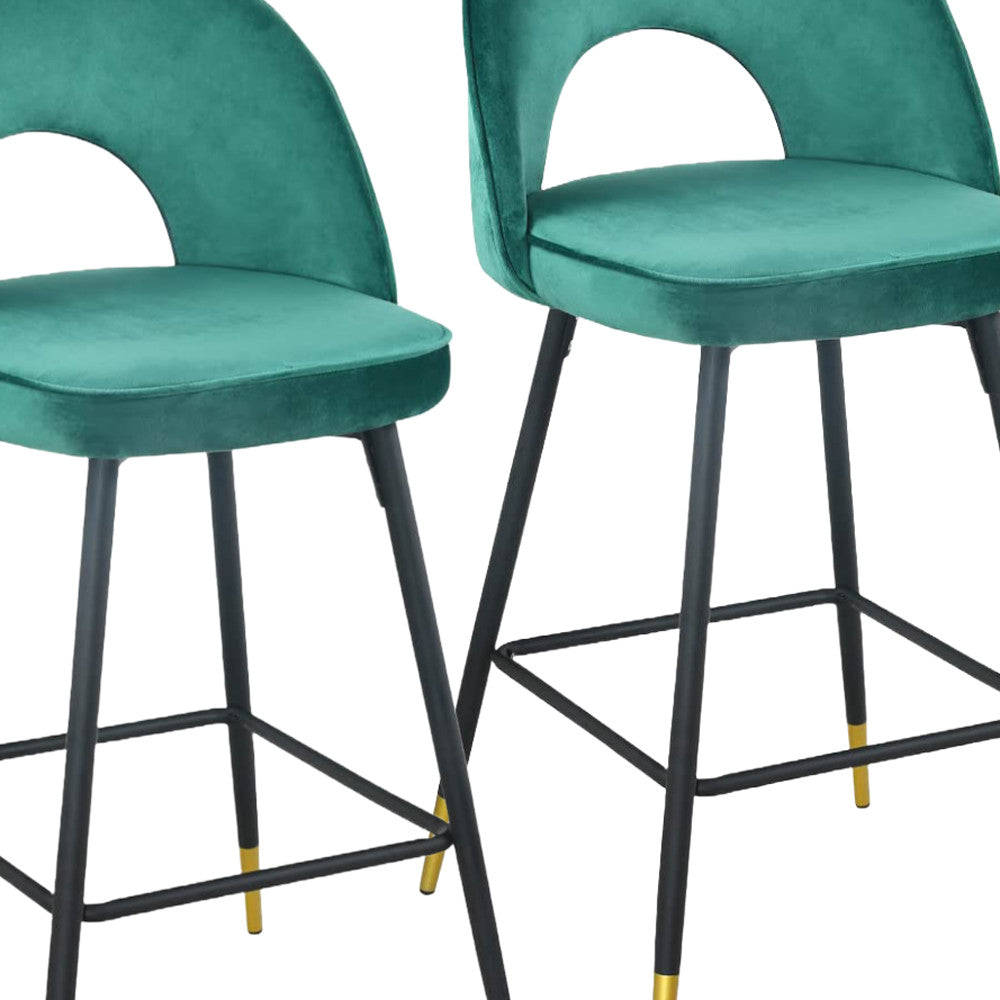 39" Set of Two Green, Black, and Gold Velvet Arched Bar Chairs