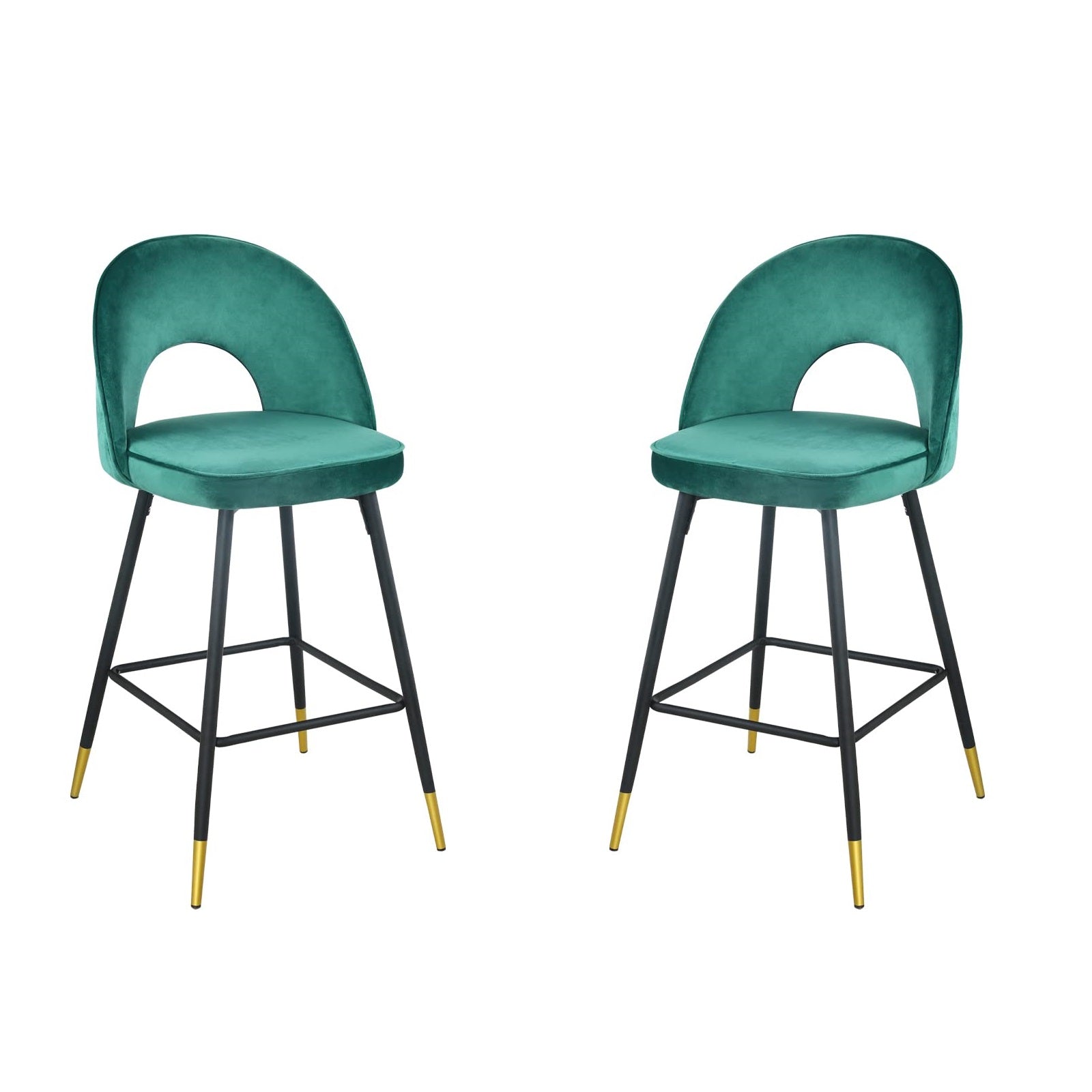 39" Set of Two Green, Black, and Gold Velvet Arched Bar Chairs