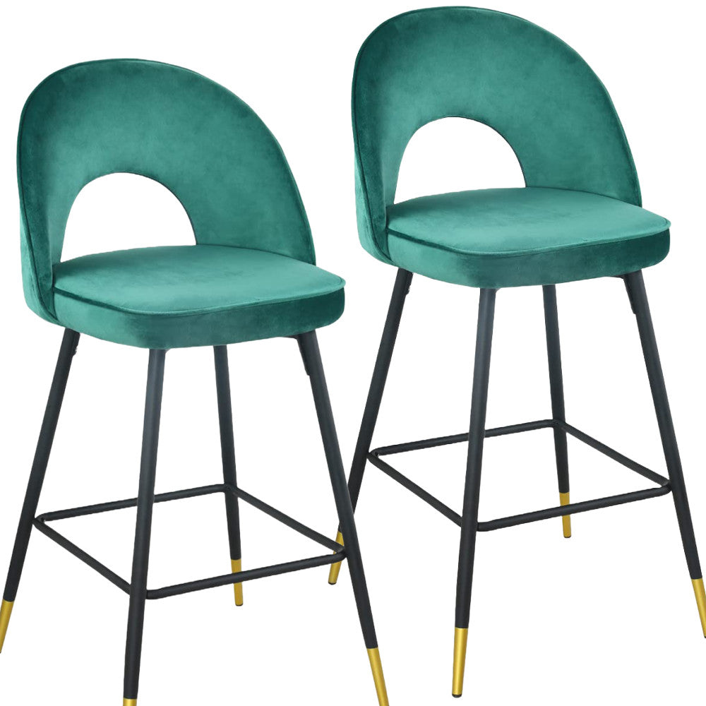 39" Set of Two Green, Black, and Gold Velvet Arched Bar Chairs