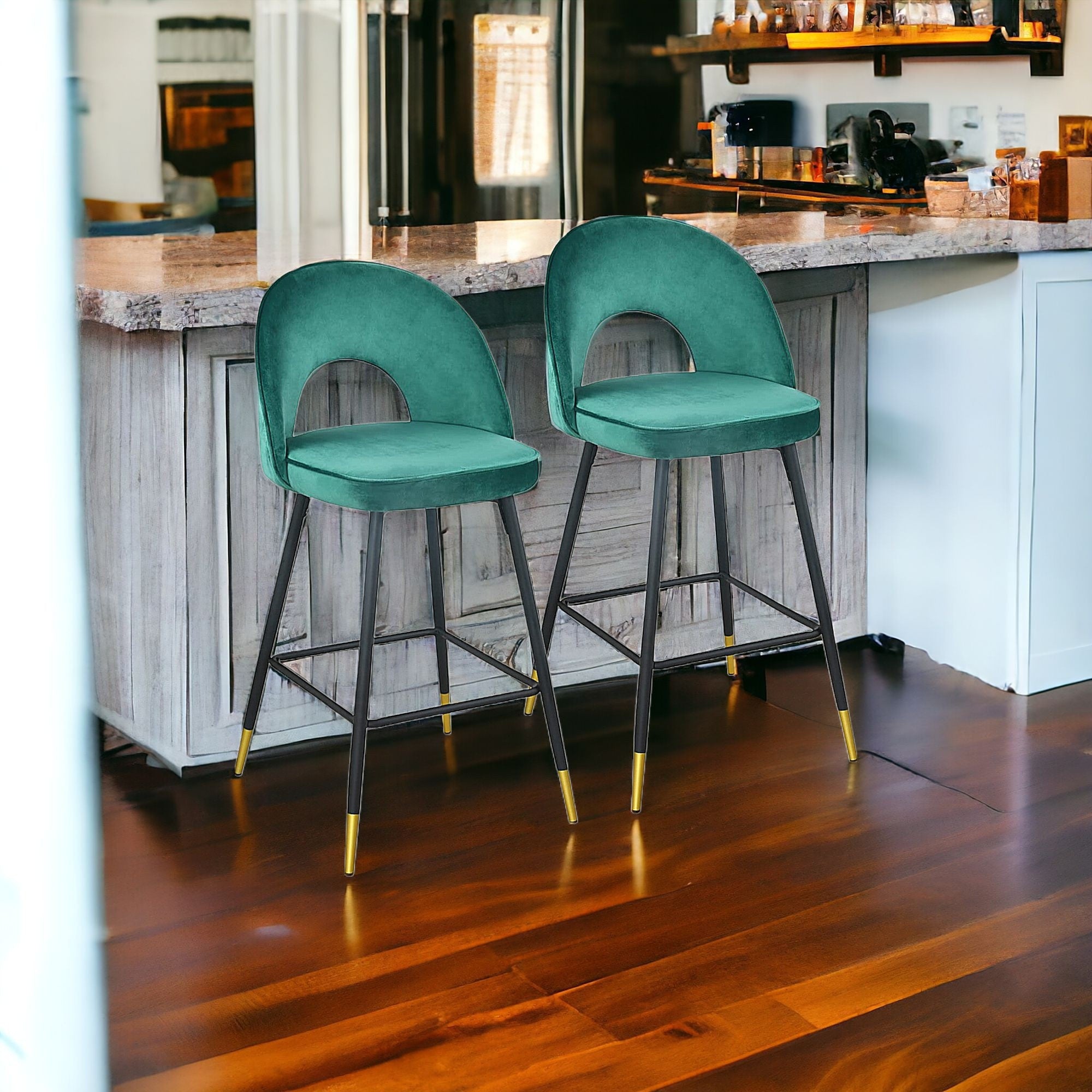 39" Set of Two Green, Black, and Gold Velvet Arched Bar Chairs