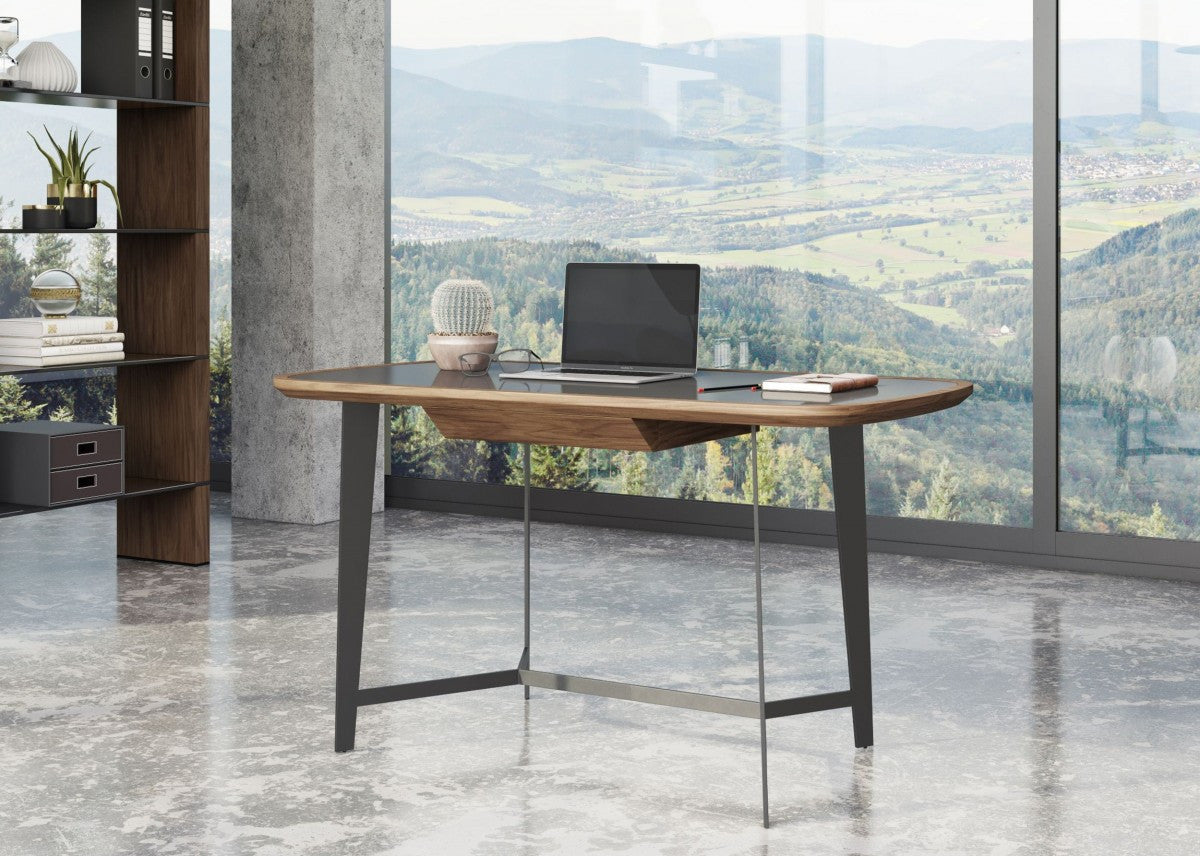 55" Walnut and Black Writing Desk with Soft-Close Drawer