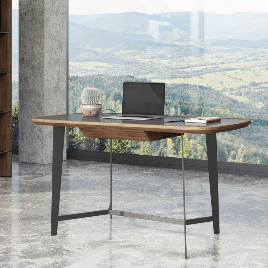 55" Walnut and Black Writing Desk with Soft-Close Drawer