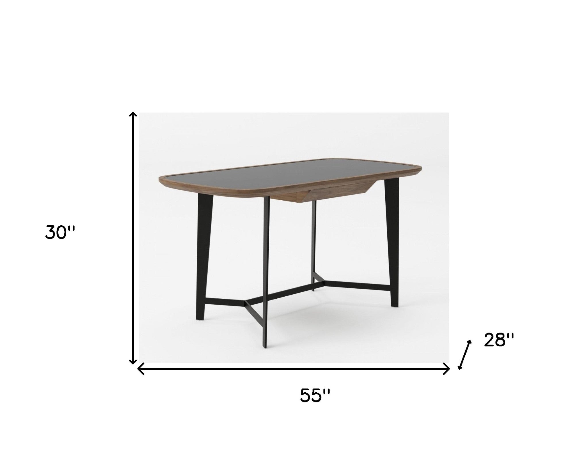 55" Walnut and Black Writing Desk with Soft-Close Drawer