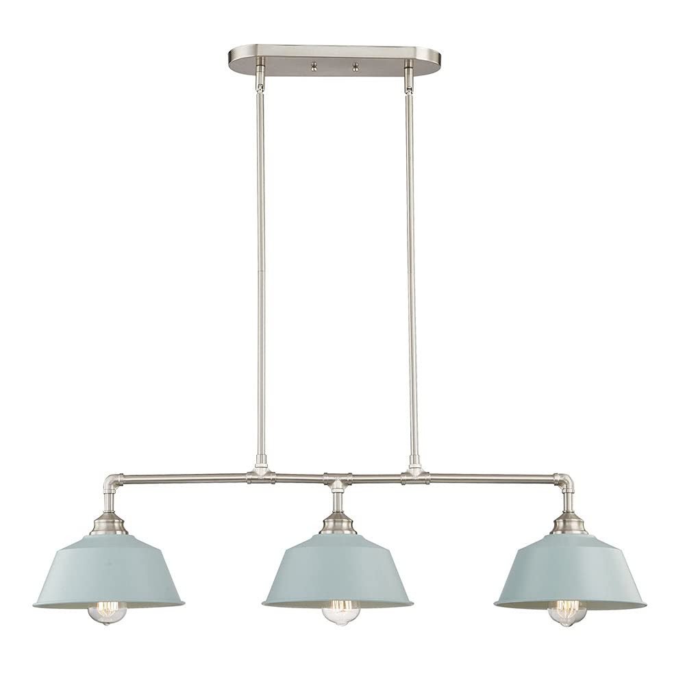 39" Light Blue and Nickel Three Light Island Chandelier
