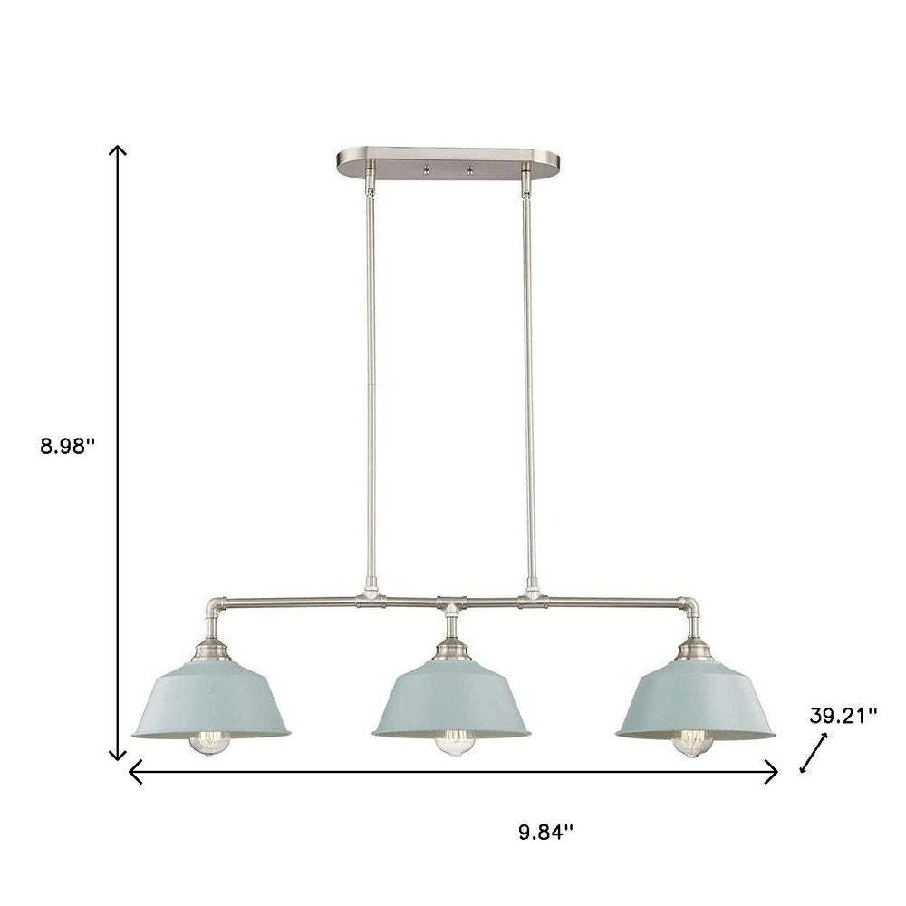 39" Light Blue and Nickel Three Light Island Chandelier