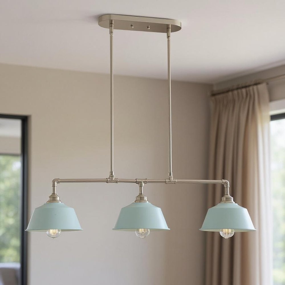 39" Light Blue and Nickel Three Light Island Chandelier