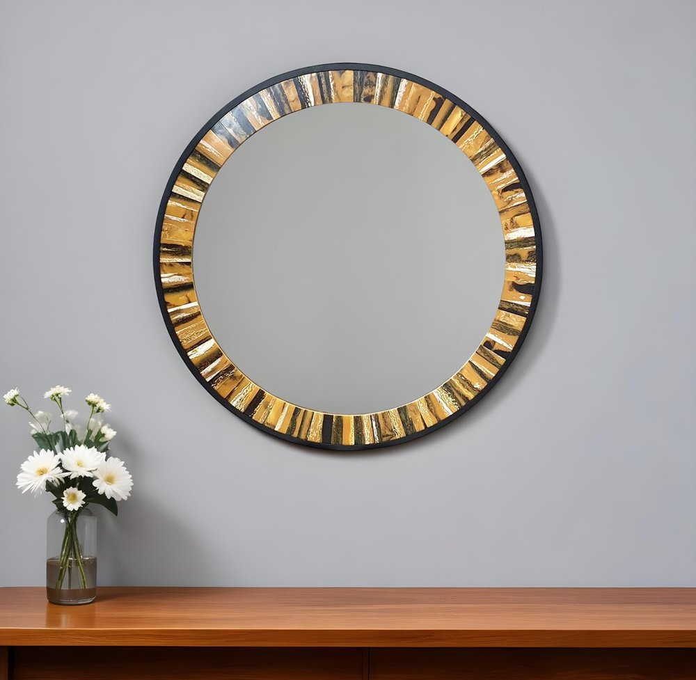 32" Brown and Black Faux Stone Round Mirror